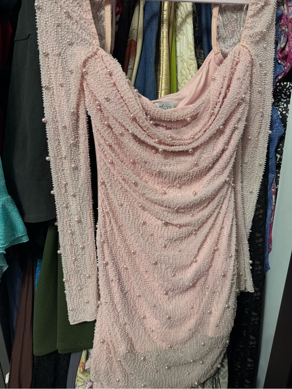 Oh Polly Embellished Pearl Pink Draped Long-Sleeve Dress